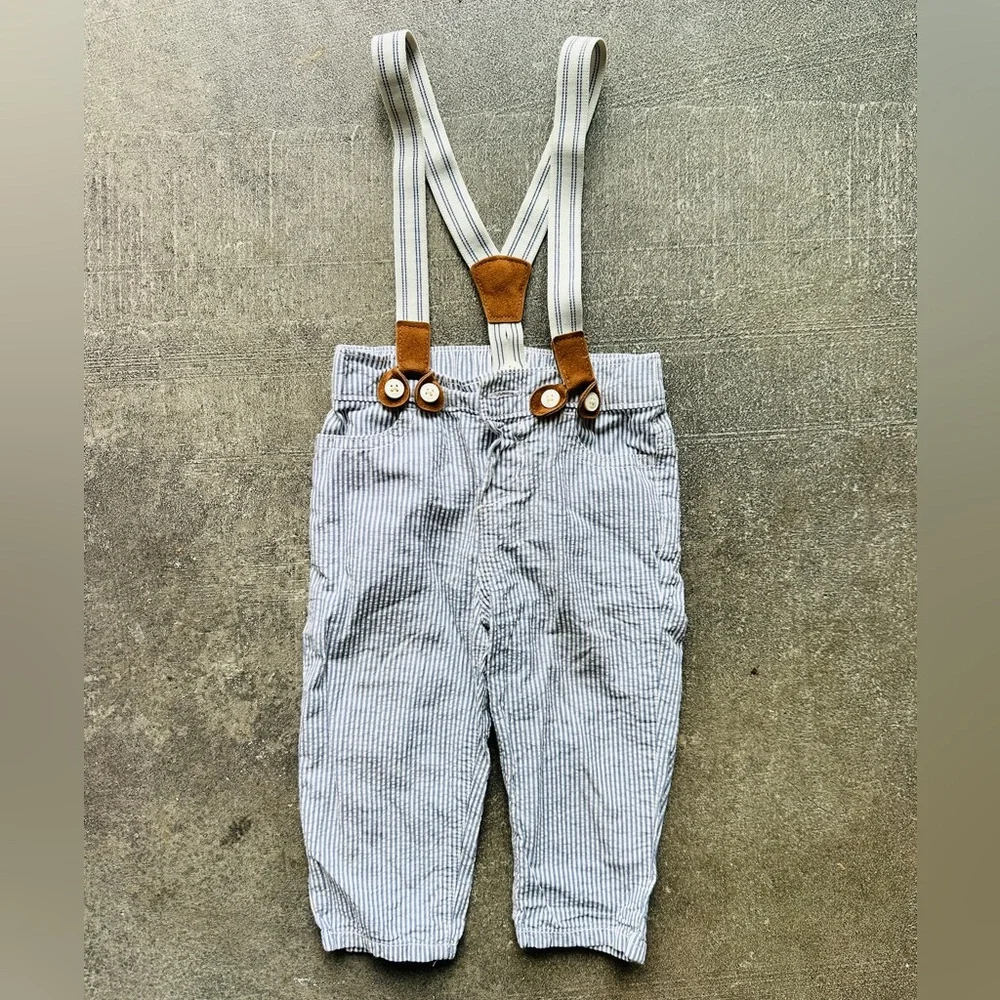 Blue & White Pinstripe Kids Overalls with Brown Faux-Leather Suspenders - Picture 1 of 5